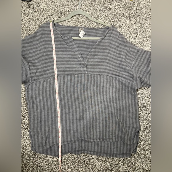 XCVI Gray 100% Linen Lagenlook Stripe V-Neck Boxy Loose Baggy Blouse L Comfort - Picture 9 of 9